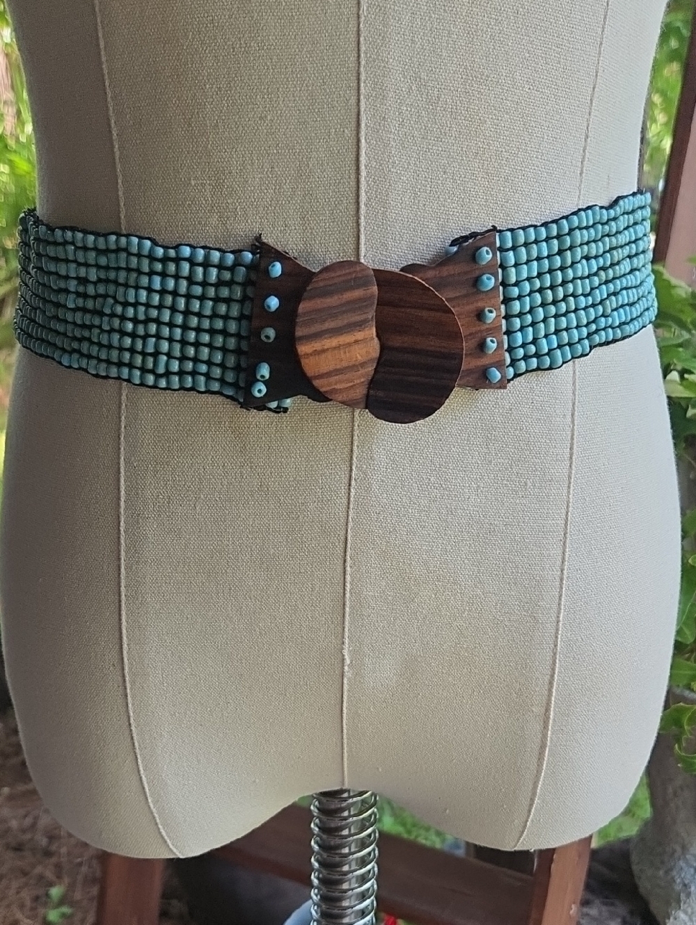 Turquoise Beaded Belt With Wooden Clasp Size Small/Medium